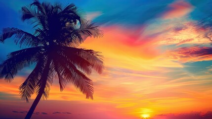 Wall Mural - majestic palm tree silhouette tropical sunset sky vibrant gradient background