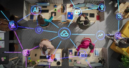 Leinwandbilder - Top Down View of a Team of Diverse Office Managers Working on Computers, Tablets and Smartphones, Using Everyday Online Tools: Calendars, Emails, Analytics, Artificial Intelligence, Messaging Apps