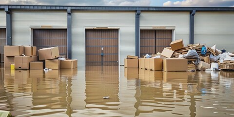 Waterlogged storage facility with cardboard boxes and debris floating on murky brown water, showcasing devastating consequences of severe flooding and neglect.