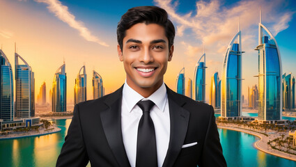 Smiling businessman in a suit standing in front of a skyline of modern skyscrapers .