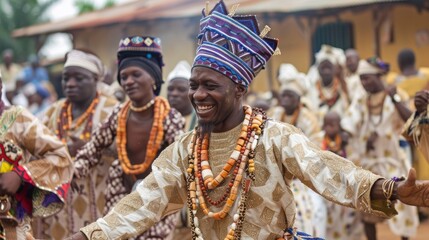 A man in traditional African clothing with a beaded crown smiles and dances during a celebration.