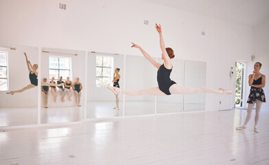 Poster - Jump, woman and girl in class, ballet and teaching of dancing to students, grace and practice. Training, creative and dancer with performance, teacher and academy for talent and coaching of sport