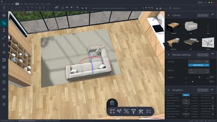 Aufkleber - Screen Template of an Interior Design Computer Software. Designer Creating a Living Space Layout, Organizing a Cozy Apartment. Interface with Customizable Render Settings and a Furniture Library