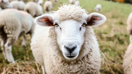 Close up sheep in field. Sheep standing in a field with green grass and dry foliage. The sheep is looking directly at the camera with an inquisitive expression.