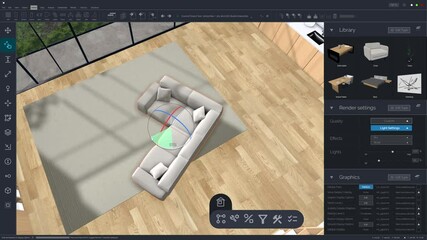 Aufkleber - Interior Designer Using Advanced 3D Modeling Software on a Computer to Create a Modern Living Room and Bedroom Space Layout. Specialist Creating a Stylish Environment with Creativity and Precision