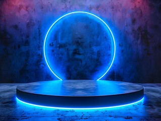 Canvas Print - Sleek Neon Blue Circular Glow Platform with Empty Space for Product Showcase