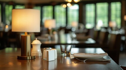 A table with a lamp, salt and pepper shakers, and a napkin