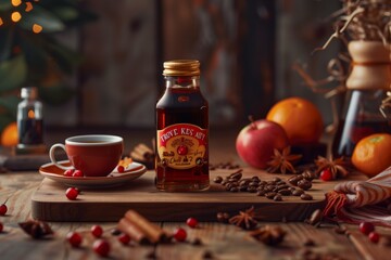 Wall Mural - Berry syrup for coffee in a glass bottle