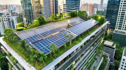 Aerial view of a rooftop garden with solar panels on a modern skyscraper in an urban city, promoting green energy and sustainability.