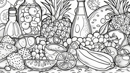 Naklejka na meble Coloring pages for adults and teens. Therapy for meditation and relaxation. Mindful stress-relief art. Printable and fits A4 paper. Cute food and drink coloring book. 