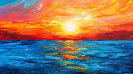 The vibrant oil painting features a colorful sunset over the ocean, with bold brushstrokes creating a dynamic and lively seascape, abstract art concept