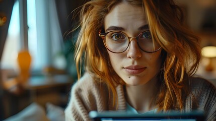 Poster - Focused Businesswoman Analyzing E commerce Sales Data on Tablet in Modern Home Office
