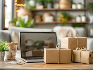 Poster - Entrepreneur Setting Up Online Store on Laptop in Cozy Home Office Space