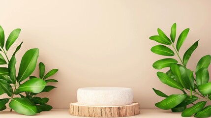 Poster - A white pedestal with a green leaf on top of it. The pedestal is surrounded by green leaves on either side