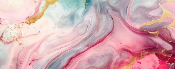 Wall Mural - Iridescent Marble Swirls with Gold Highlights in Pastel Hues: An Abstract Digital Landscape