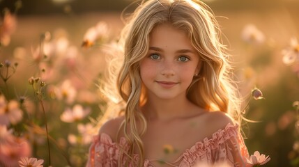 Wall Mural - Young Girl With Blonde Hair Smiles in a Field of Flowers at Sunset