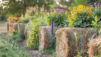 Straw Bale Garden: decomposing straw bales as growing medium. Plants, flowers inserted into bales