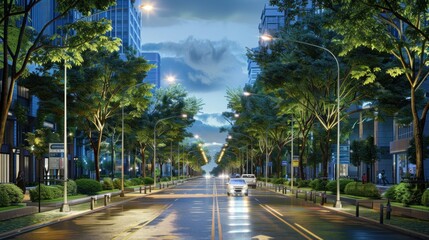 Generate a photo realistic image of energy-efficient street design using solar-powered lighting and eco-friendly materials; ensure the image is of high resolution for clear and detailed quality