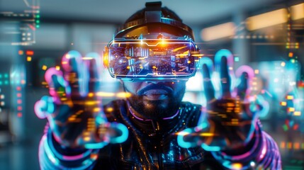 Poster - A man wearing a virtual reality headset interacts with a digital interface, his hands reaching out towards glowing, colorful lights.