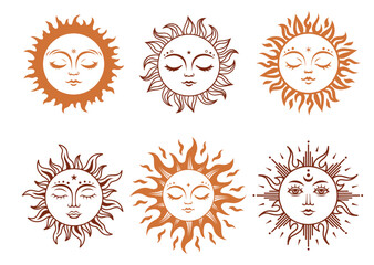 Wall Mural - boho sun sign, vector silhouette design. sun with face set of celestial elements. vector monochrome 