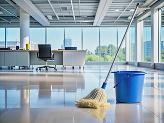 A mop and bucket sit on a freshly cleaned office floor, surrounded by empty space, waiting for text or design elements, indicating cleanliness and professionalism.