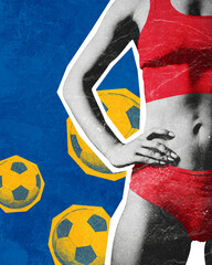 Poster. Contemporary art collage. Close-up woman in red athletic outfit with her hand on her hip against blue background with yellow balls. Concept of sport events. Textured effect. Magazine style.