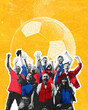 © Lustre Art Group  - Poster. Contemporary art collage. Young people, football fans shouting of joy and raising hands against vibrant background with soccer ball. Concept of sport events, Textured effect. Magazine style.