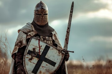 Portrait of knight templar, medieval warrior wearing helmet, standing on battlefield with sword and shield