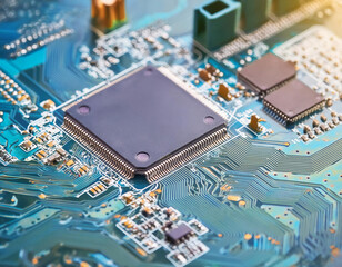 Poster - Close Up of a Blue Circuit Board With a Large Integrated Circuit Chip