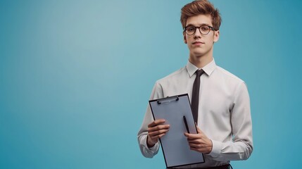 Poster - A man wearing a tie and glasses is holding a clipboard. The clipboard is white and has a pen on it. The man is standing in front of a blue background