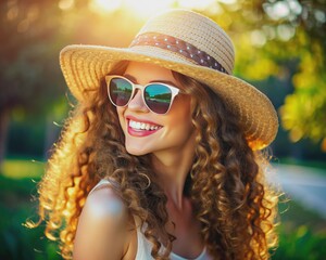 Vibrant summer atmosphere captured with a stylish straw hat, trendy sunglasses, and a few curly hair strands lying on a sun-kissed surface, exuding joy and relaxation.