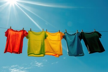 row of multi colored t-shirts hanging on a clothesline against a clear blue sky and sun with sunbeams and copy space