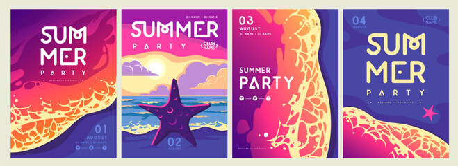 Wall Mural - Set of retro summer party posters with ocean waves, beach and starfish. Vector illustration