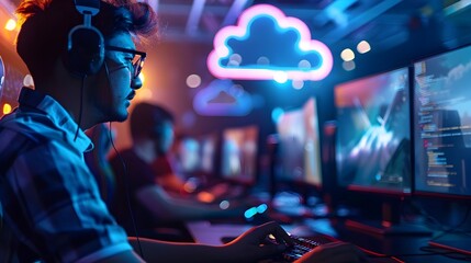 Poster - dynamic cloud gaming setup with vibrant neon visuals and copyspace