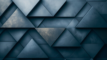 Poster - Black lines and geometric shapes on a dark blue gradient background, modern minimalist design, sharp edges, light reflecting on metal strips.
