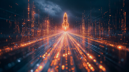 Fototapete - Rocket soaring with bitcoin graph and upward lines, AI generative art highlighting financial growth and innovation.