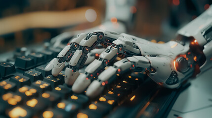 Poster - Futuristic robotic hand typing on a computer, representing the megatrend of robots replacing humans in coding and investment tasks.