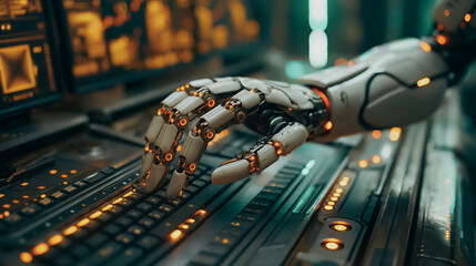 Poster - Robotic hand working on a computer, emphasizing the future trend of robots taking over human roles in investments and programming.