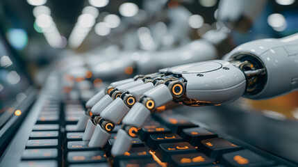 Poster - Robotic hand on a computer keyboard, depicting the future of program coding and investments with robots instead of human work.