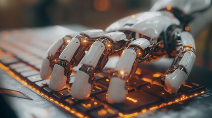 Poster - Robotic hand on a computer keyboard, depicting the future of program coding and investments with robots instead of human work.