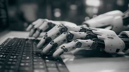 Poster - Robotic hand on a computer keyboard, depicting the future of program coding and investments with robots instead of human work.
