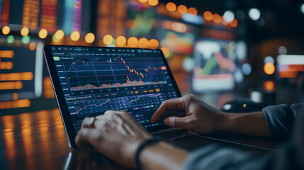 Poster - Investors and traders utilizing advanced computer software for live market data analysis and predictions, captured in zoom out footage from a tablet.