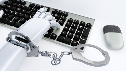 A 3D rendering depicts humanoid robotic hands secured with cuffs, serving as a powerful symbol of digital slavery.