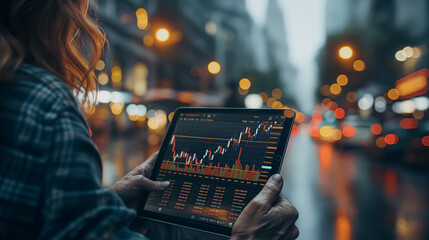 Poster - Successful traders and investors analyzing live market financial data with advanced computer software, zoomed-out view from a tablet device.