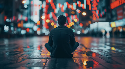 Wall Mural - Distressed businessman sitting with a digital stock market background, representing the effects of economic crisis and unemployment.