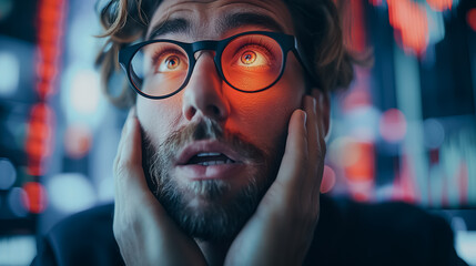 Wall Mural - Stressed businessman in panic with a digital stock market background, highlighting global economic inflation and recession issues.