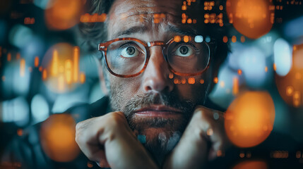 Poster - Stressed businessman in panic with a digital stock market background, highlighting global economic inflation and recession issues.