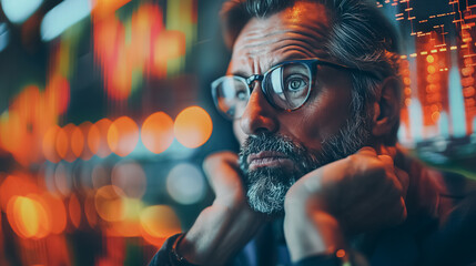 Poster - Stressed businessman in panic with a digital stock market background, highlighting global economic inflation and recession issues.