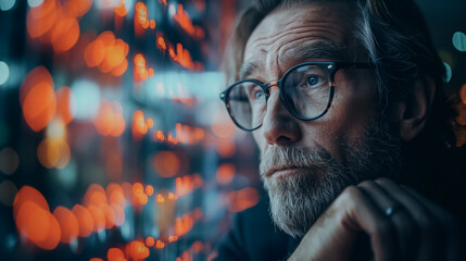 Poster - Stressed businessman in front of a digital stock market background, depicting the challenges of unemployment and economic crisis.