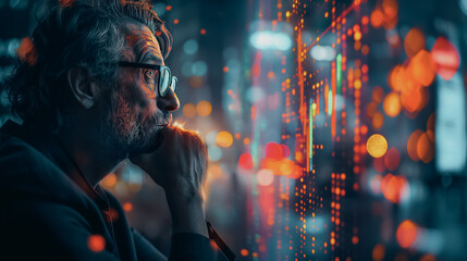 Poster - Businessman in panic with a digital stock market financial backdrop, illustrating business failure and global economic recession.